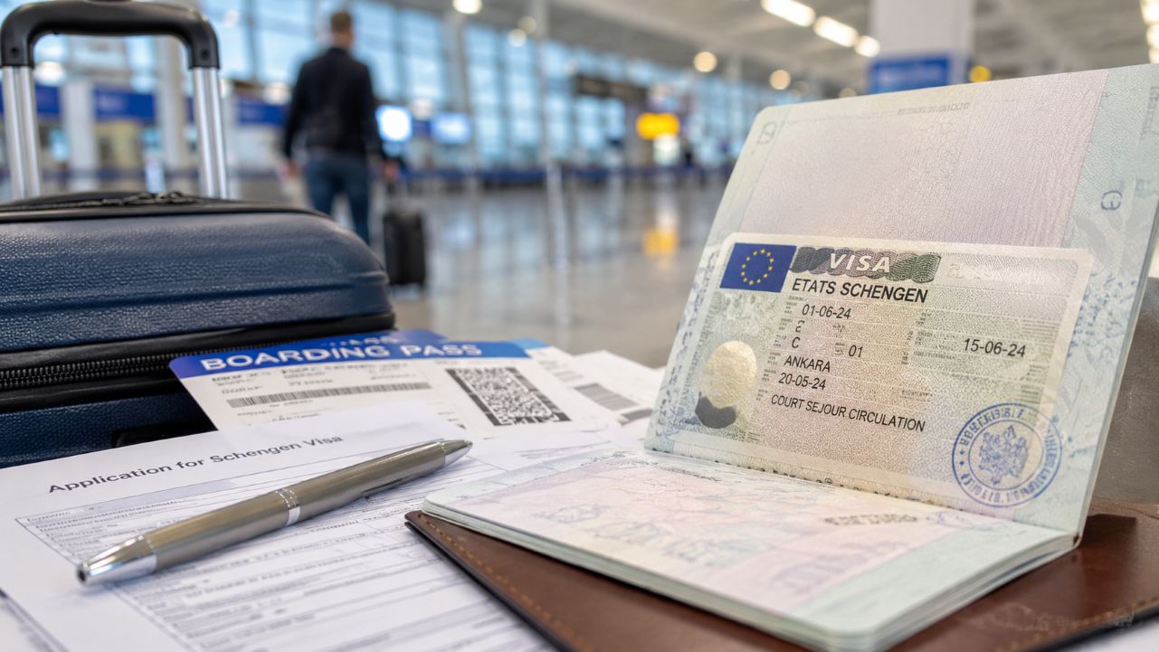 Schengen vizesi başvurusu ve kısa süreli Avrupa seyahati temasını anlatan pasaport ve sınır kontrolü görseli.