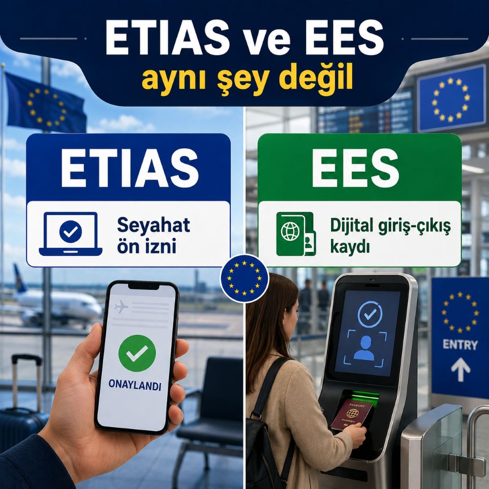 ETIAS ve EES farkını anlatan pasaport ve dijital sınır kontrolü görseli.