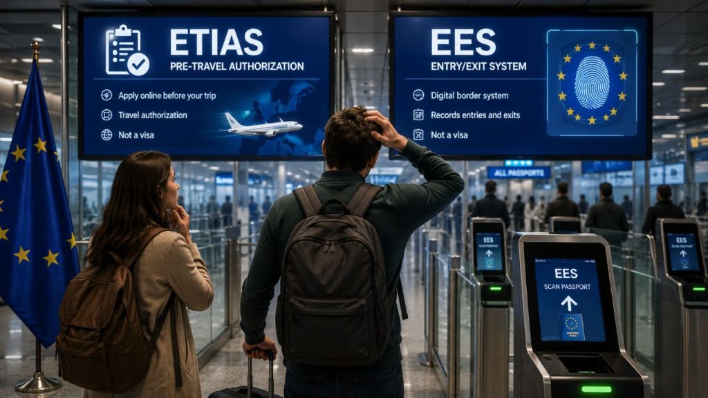 ETIAS ve EES farkını anlatan pasaport ve dijital sınır kontrolü görseli.