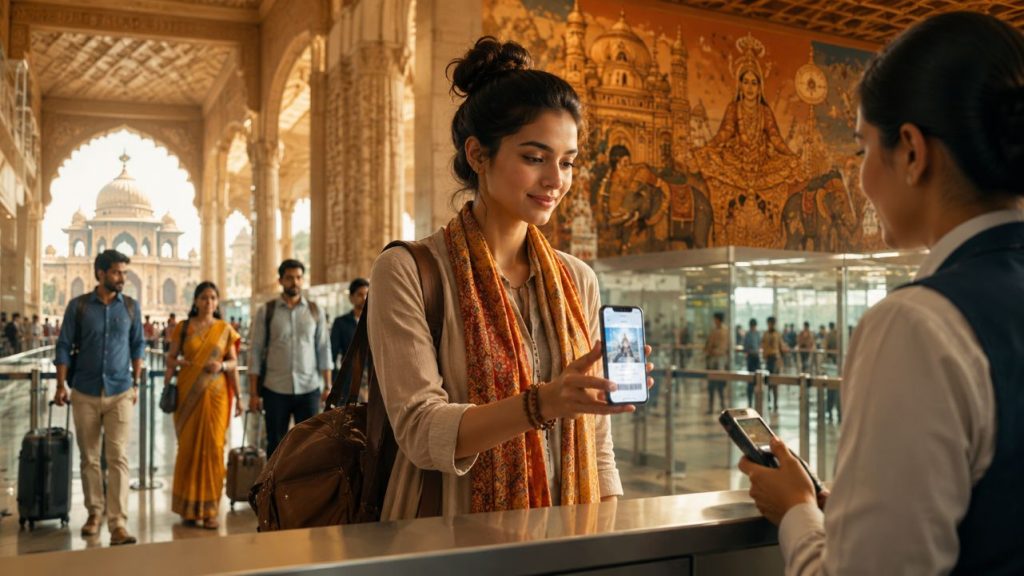 Hindistan e-vizesi: 30 günlük turist izni çok girişli mi oldu? 1 Hindistan e-vize onay belgesinde giriş sayısı satırını kontrol eden yolcu ve pasaport görseli