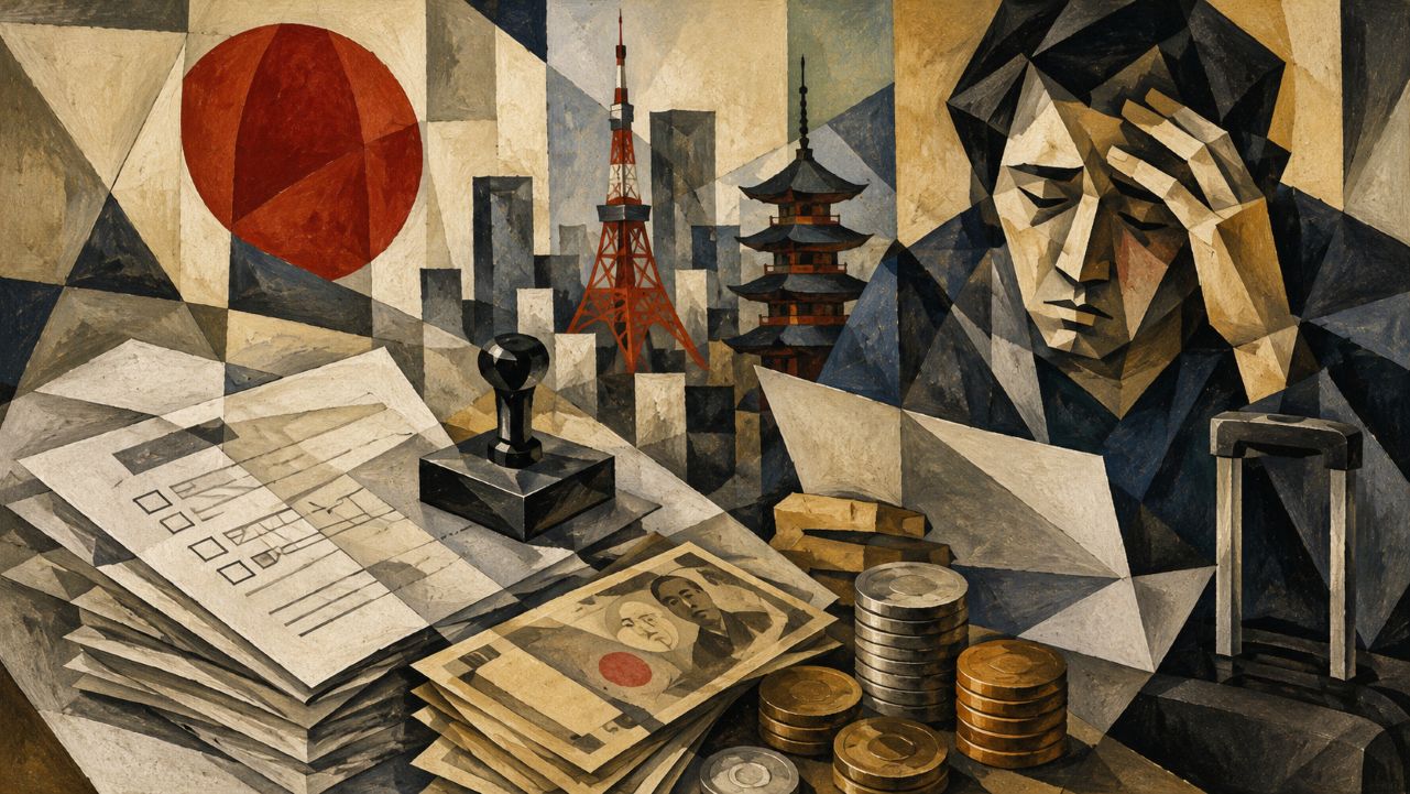 Japonya vize başvurusu için pasaport, vize belgesi ve artan harcı temsil eden Japon yeni banknotları
