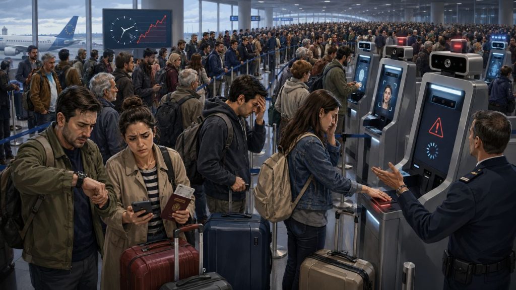 Avrupa havalimanında pasaport kontrolü ve biyometrik kayıt sırasında bekleyen yolcular.