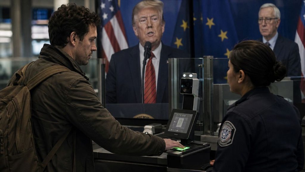 Trump vizesiz giriş için biyometrik veri istiyor: AB ile ABD yine gerildi 1 AB pasaportu taşıyan yolcunun parmak iziyle sınır kontrolünden geçmesini ve ABD ile biyometrik veri müzakeresini temsil eden görsel