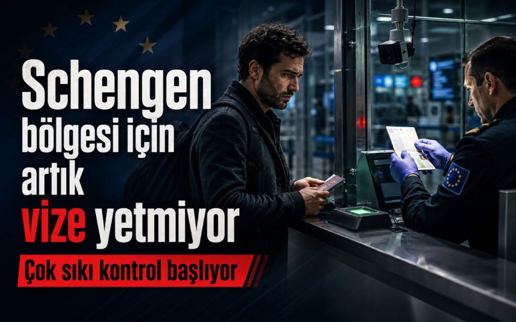 Schengen sınırında pasaport, vize etiketi ve dijital EES kontrol ekranı üzerinden yapılan belge kontrolünü temsil eden görsel