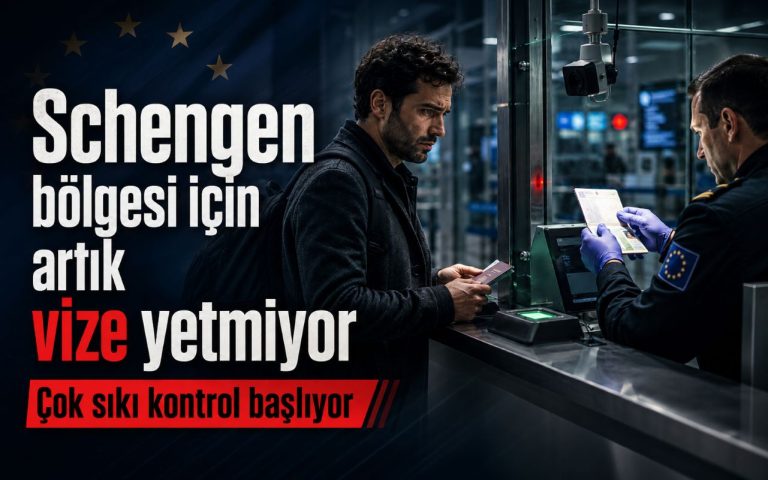 Schengen sınırında pasaport, vize etiketi ve dijital EES kontrol ekranı üzerinden yapılan belge kontrolünü temsil eden görsel