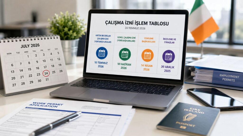 24 Temmuz tarihli İrlanda çalışma izni tablosu yayımlandı: Kritik Becerilerde 10 Temmuz, Genel Çalışma İzninde sıra 18 Haziran dosyalarında. Yenilemeler 14 Nisan, itirazlar 30 Aralık 2025 tarihinde.