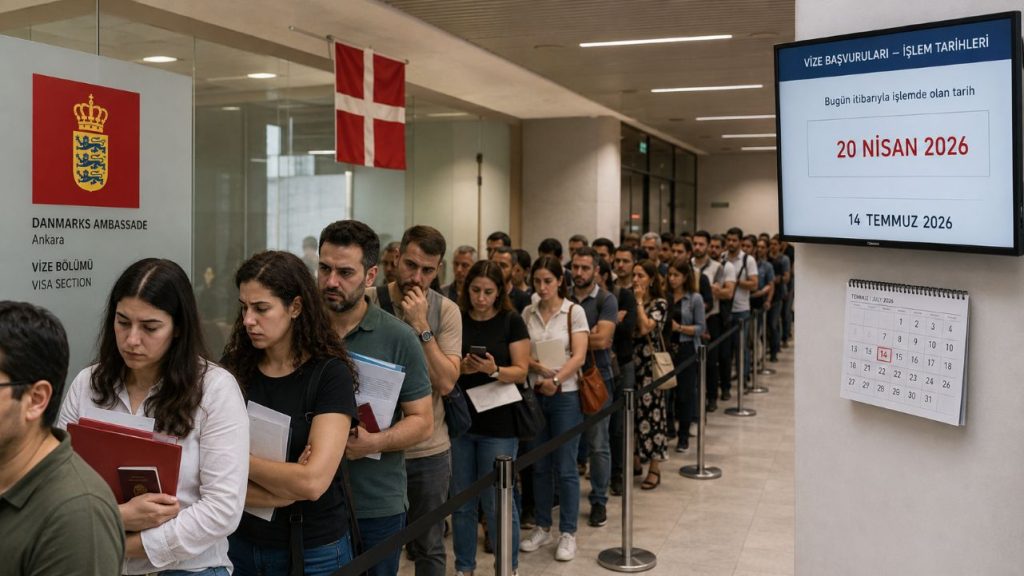 Danimarka vize kuyruğu 35 günde yalnız 7 gün ilerledi 1 Danimarka vize kuyruğu ağır ilerliyor. Büyükelçilik 16 Temmuz itibarıyla 20 Nisan 2026 tarihli dosyalar üzerinde çalışıyordu. Sıra son 35 günde yalnız yedi günlük başvuru grubu kadar ilerledi.