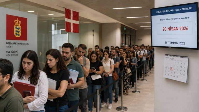 Danimarka vize kuyruğu ağır ilerliyor. Büyükelçilik 16 Temmuz itibarıyla 20 Nisan 2026 tarihli dosyalar üzerinde çalışıyordu. Sıra son 35 günde yalnız yedi günlük başvuru grubu kadar ilerledi.