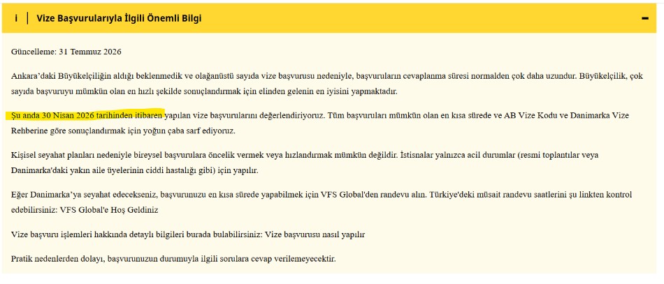 Danimarka vizesinde müjdeli gelişme: 5 Mayıs dosyalarından haber var, resmî açıklamalar çelişiyor 4 Danimarka Büyükelçiliği'nin 31 Temmuz 2026 tarihli Türkçe açıklaması