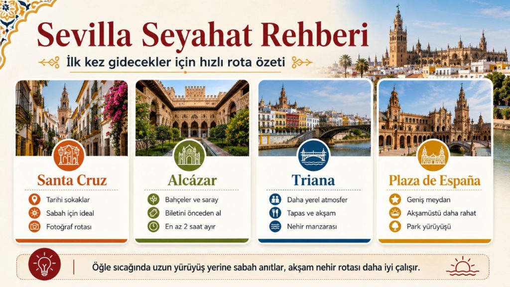 Türkler için Schengen vizesiyle Sevilla seyahat rehberi: Alcázar, Giralda ve Triana rotası 9 Sevilla seyahat rehberi: Alcázar ve katedral biletleri, iki günlük rota, ulaşım, konaklama, tapas ve flamenko.
