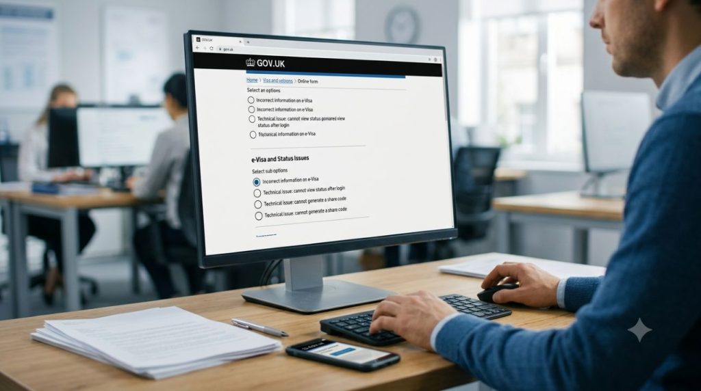 Birleşik Krallık eVisa hata formu yeni mi? Hangi sorunda hangi kanal kullanılacak? 1 Birleşik Krallık eVisa hata formu yanlış statü, görünmeyen eVisa ve share code sorunlarını aynı formda topluyor. Hesap kurtarma ve pasaport güncelleme işlemleri ise ayrı.