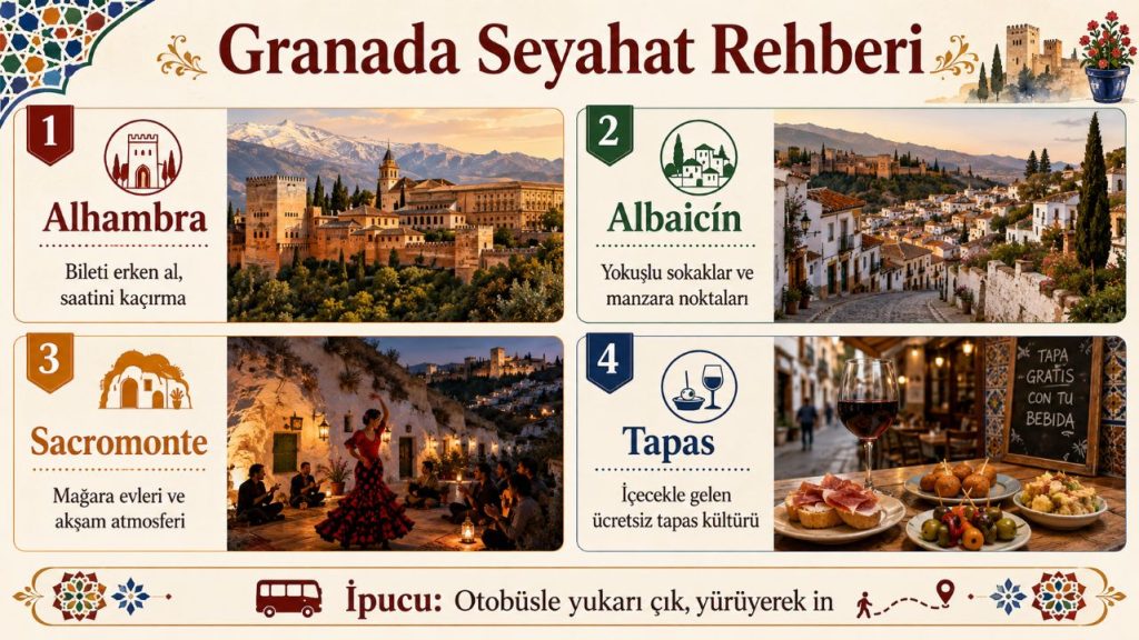 Türkler için Schengen vizesiyle Granada seyahat rehberi: Alhambra, Albaicín ve tapas rotası 8 Granada seyahat rehberi: Alhambra bilet saati, yokuşlu mahalleler, ulaşım, tapas ve 1–3 günlük rotalar.