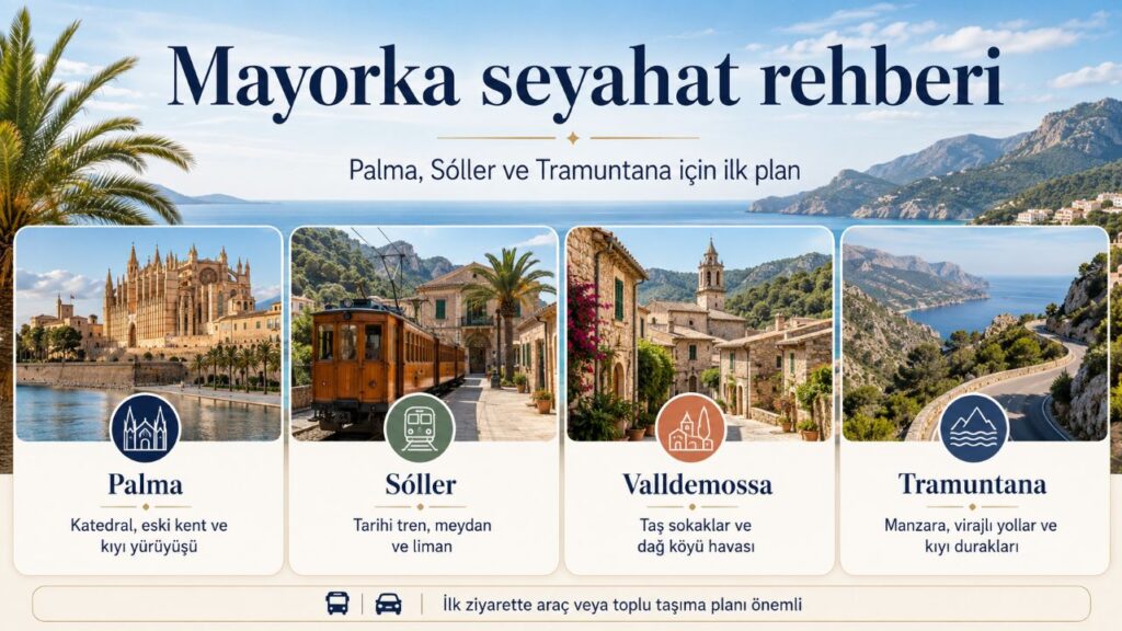 Türkler için Schengen vizesiyle Mayorka seyahat rehberi: Palma, Sóller ve Tramuntana 7 Mayorka seyahat rehberi: Palma, Sóller, Valldemossa, Tramuntana, plajlar, ulaşım ve konaklama seçenekleri.