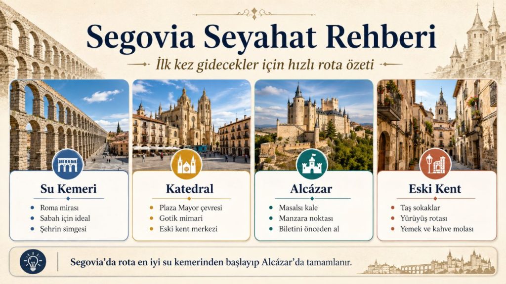 Türkler için Schengen vizesiyle Segovia seyahat rehberi: Su kemeri ile Alcázar arasında rota 9 Segovia seyahat rehberi: Madrid’den ulaşım, Guiomar transferi, su kemeri, katedral, Alcázar ve yerel yemekler.