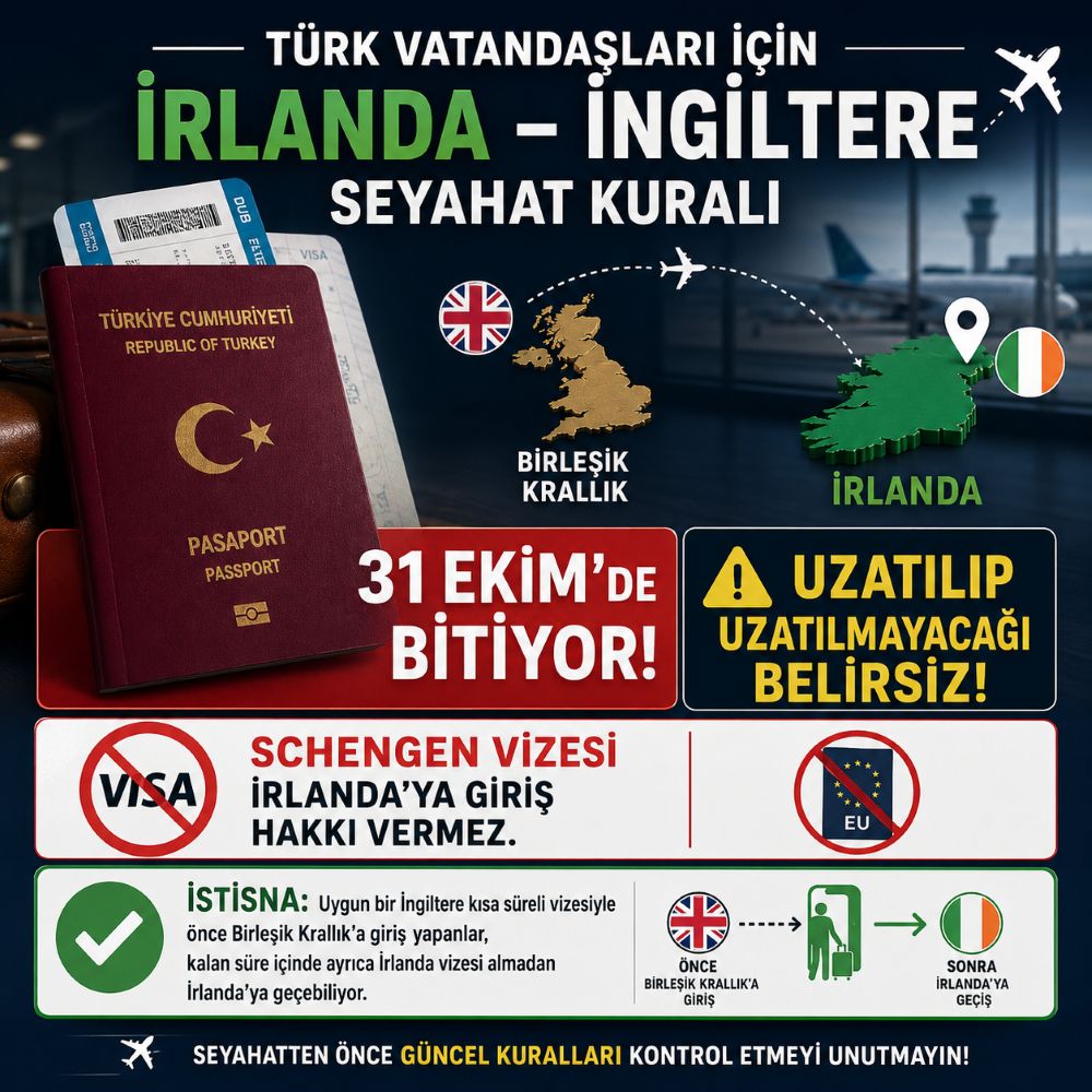 Türkeler İngiltere vizesiyle önce bu ülkeye giriş yapmak kaydıyla İrlanda'ya kısa süreli vize muafiyeti sağlayan program 31 Ekim 2026'da sona erecek