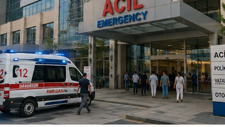 112 en Turquía con una ambulancia frente a la entrada de urgencias de un hospital