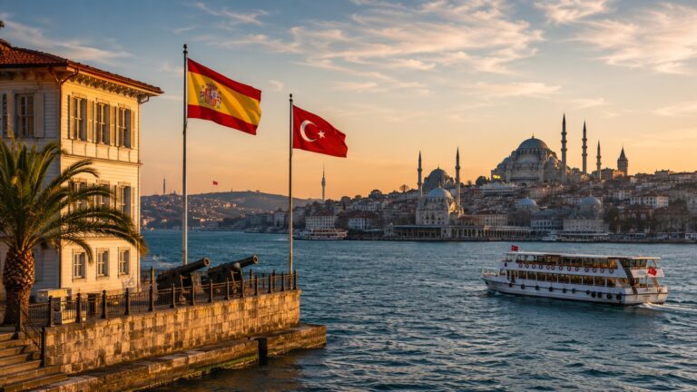 1782 tratado de paz entre España y Turquía representado con las banderas española y turca frente al Bósforo en Estambul