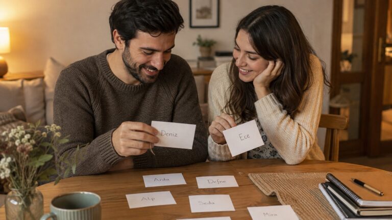 Pareja revisa posibles nombres en tarjetas escritas a mano en casa