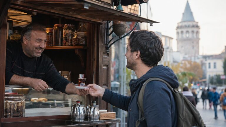 Turista español intentando usar palabras básicas en turco en una cafetería de Estambul