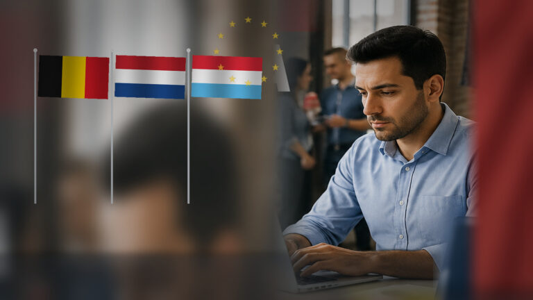 AB Single Permit reformu haberini temsil eden Avrupa’da çalışan ve Belçika, Hollanda, Lüksemburg bayrakları
