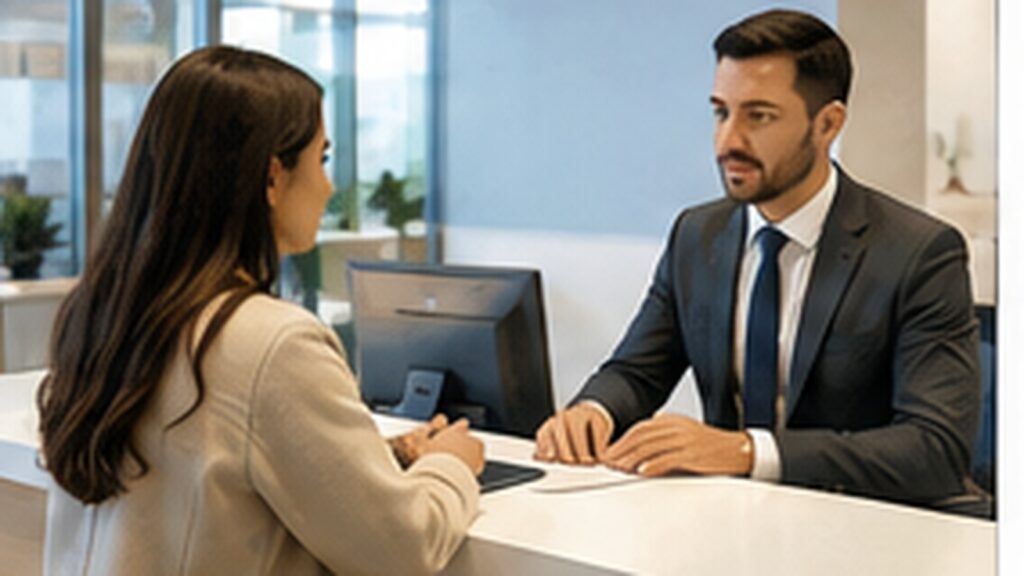 Cliente extranjero hablando con un empleado en una sucursal bancaria de Turquía