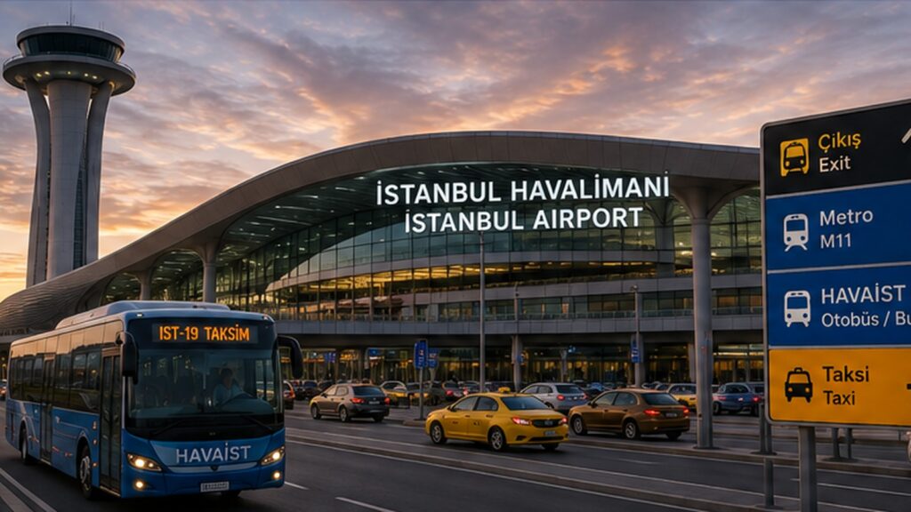 Autobús del aeropuerto, taxis y terminal de İstanbul Havalimanı al atardecer