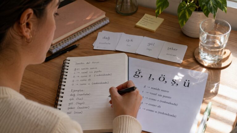 Estudiante practicando el alfabeto turco y la pronunciación en un cuaderno