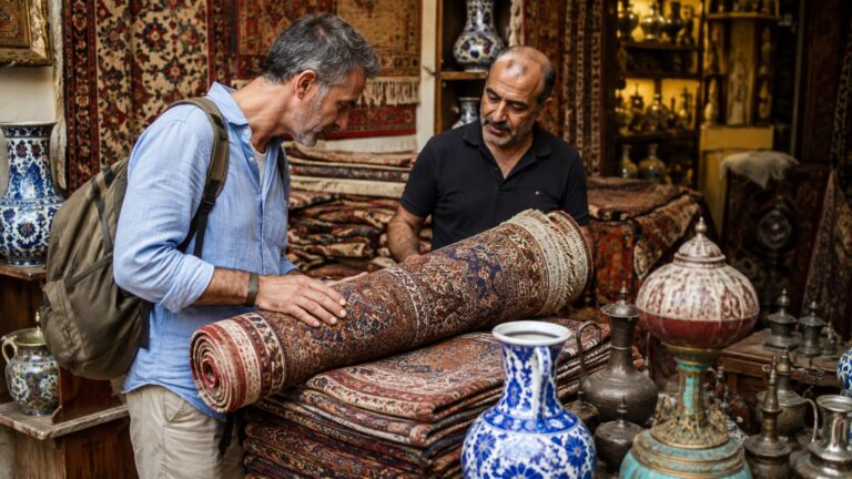Viajero español revisando una alfombra y documentos de compra en una tienda de Turquía