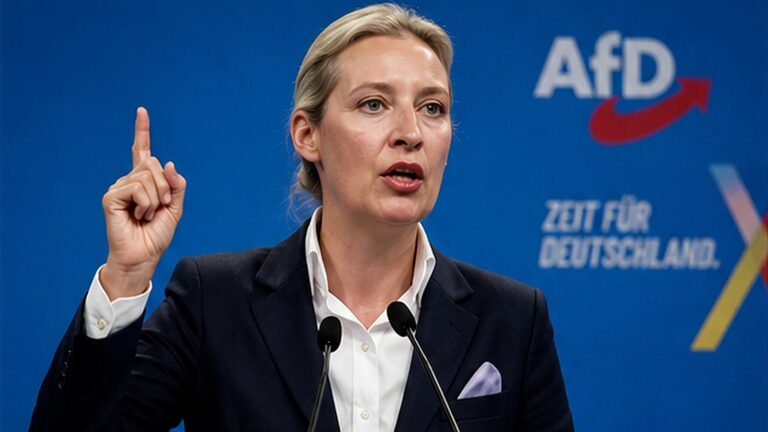 Alice Weidel Schengen açıklaması sırasında kürsüde konuşurken