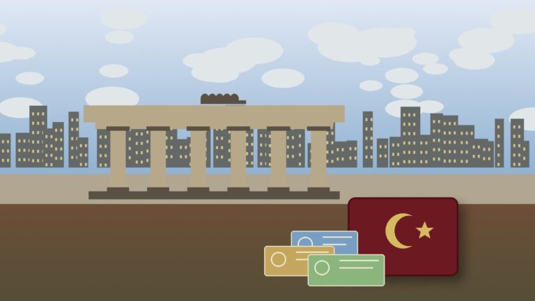 Almanya Schengen vizesi için maddi yeterlilik hesabını temsil eden Berlin şehir dokusu, Türk pasaportu ve euro banknotları