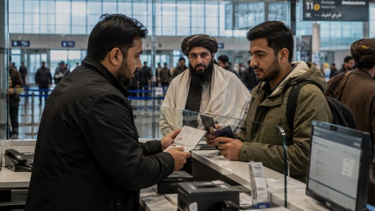 Almanya Taliban temsilcilerine vize verdi haberini temsil eden havalimanında pasaport ve seyahat belgesi kontrolü