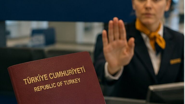 Almanya transit vizesi tartışmasını ve Lufthansa check-in sırasında belge kontrolü yaşayan Türk yolcuyu temsil eden görsel