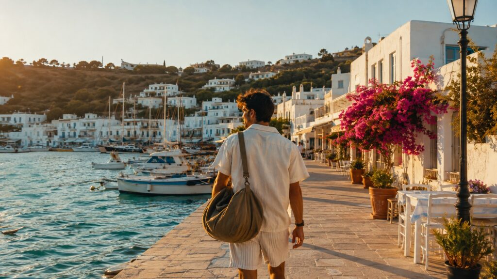 Viajero caminando junto al puerto de Bodrum al atardecer