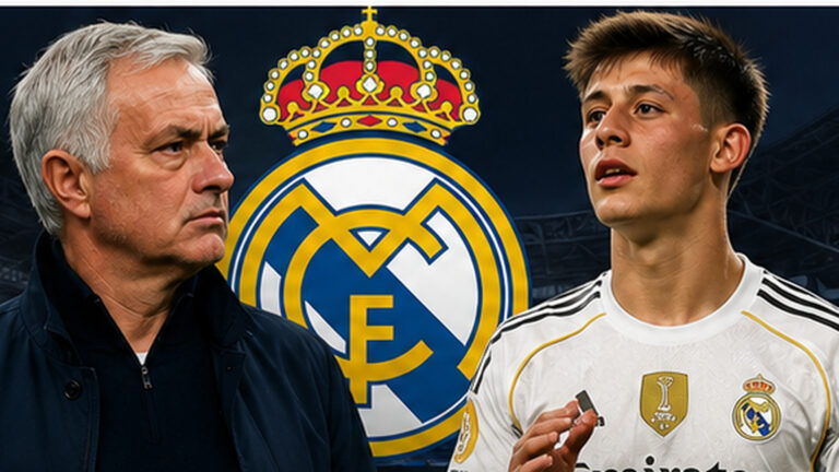 Arda Güler Real Madrid ilk 11 tartışması için Mourinho ve Arda Güler’i temsil eden editoryal görsel