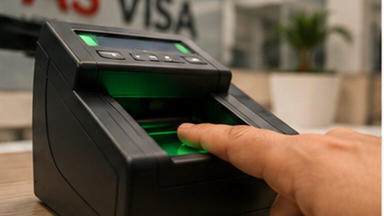 AS Visa parmak izi işlemi için biyometri cihazına parmağını yerleştiren başvuru sahibi