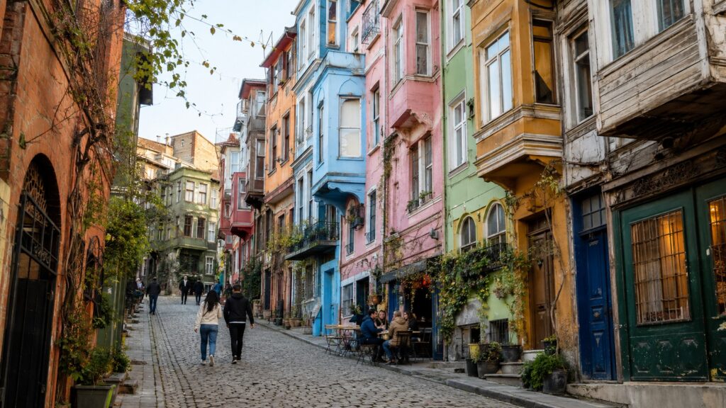 Calle empedrada con casas de colores y cafés en Balat y Fener, Estambul