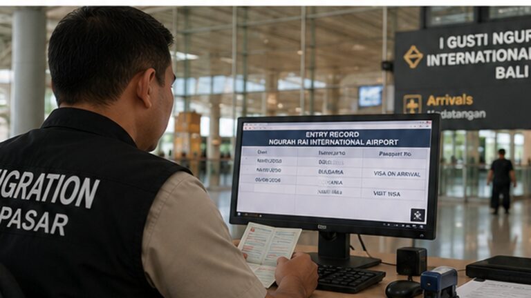 Bali göçmenlik takibi kapsamında Ngurah Rai Havalimanı’nda giriş kayıtlarını inceleyen göç görevlisi