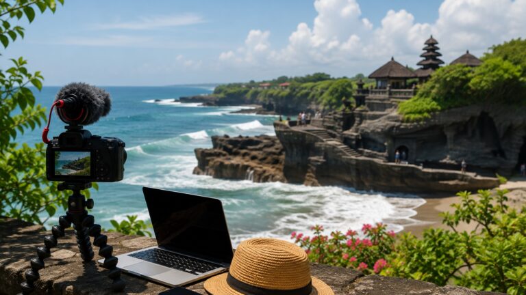 Bali içerik üreticisi vizesi haberini temsil eden sahilde kamera ve dizüstü bilgisayar