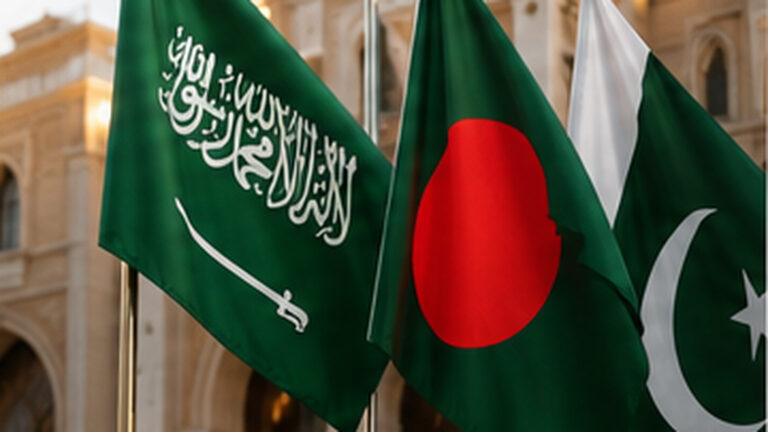 Bangladeş Mekke Anlaşması gündeminde Bangladeş, Suudi Arabistan ve Pakistan bayrakları