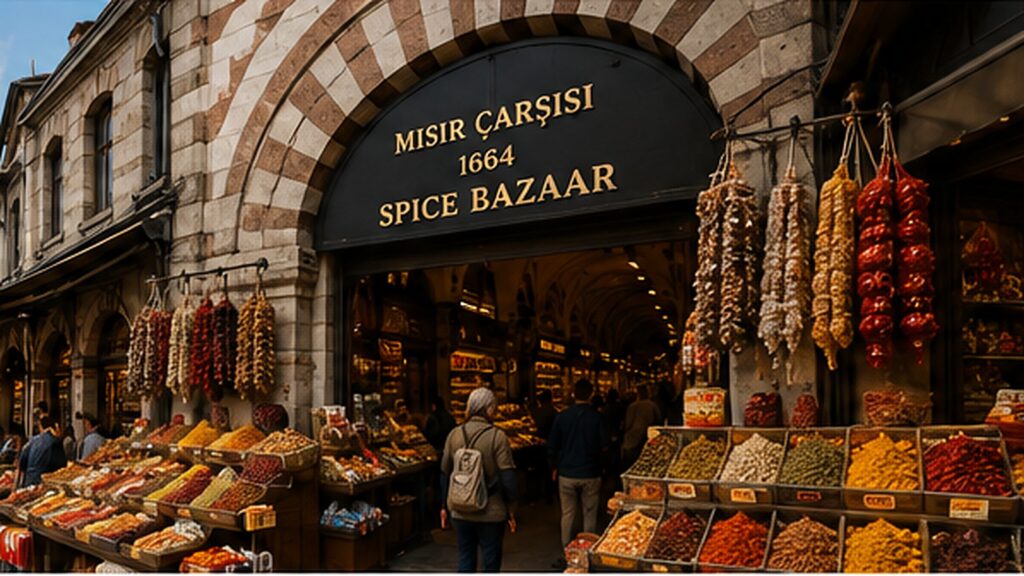 Interior del Bazar de las Especias en Estambul con puestos de especias, frutos secos y dulces