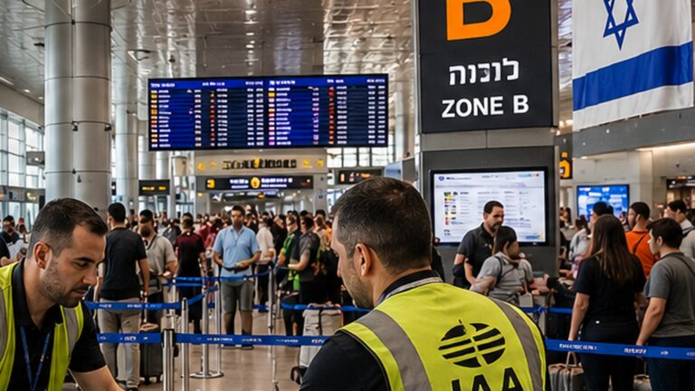 Ben Gurion Havalimanı bagaj krizi sırasında terminalde bagaj ve kuyruk operasyonuna katılan görevliler