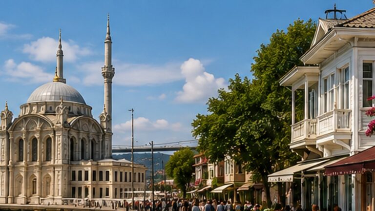 Beşiktaş, Ortaköy y Arnavutköy junto al Bósforo con la mezquita de Ortaköy, casas y paseo costero