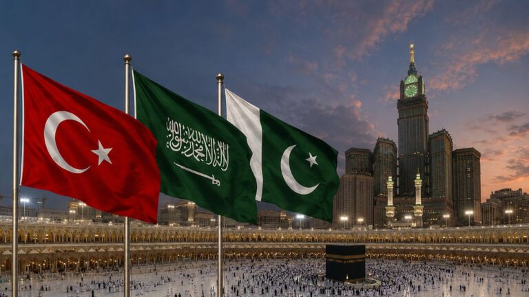İran Mekke Anlaşması görüşmelerini Türkiye, Suudi Arabistan, Pakistan ve İran bayraklarıyla temsil eden görsel