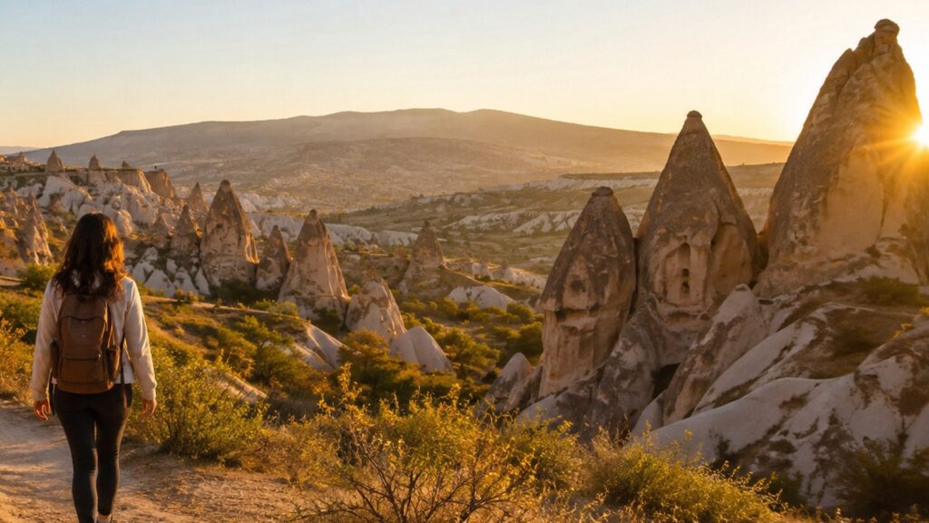 Viajera caminando por un valle de Capadocia sin globo aerostático