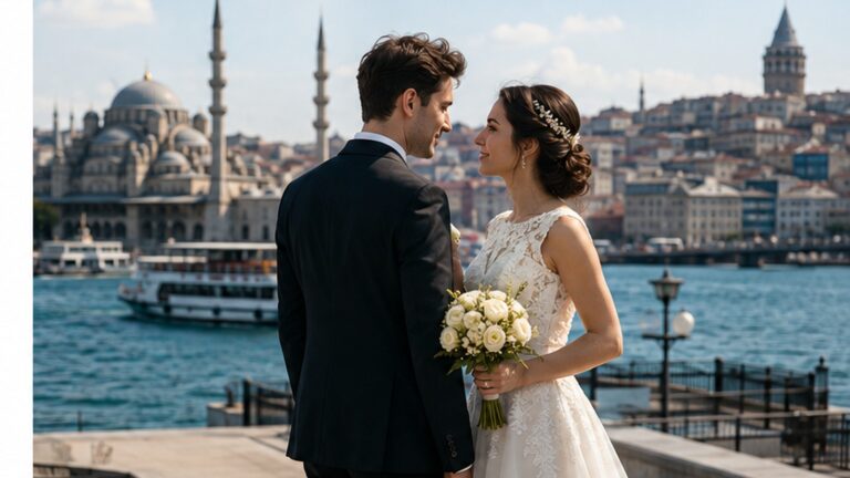Casarse en Turquía siendo español: pareja de recién casados frente al Bósforo en Estambul