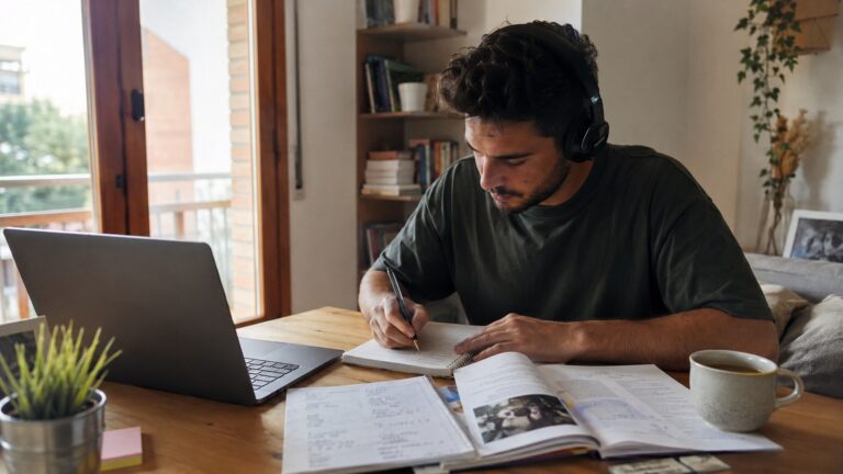 Hispanohablante estudiando turco en casa con portátil, cuaderno y auriculares