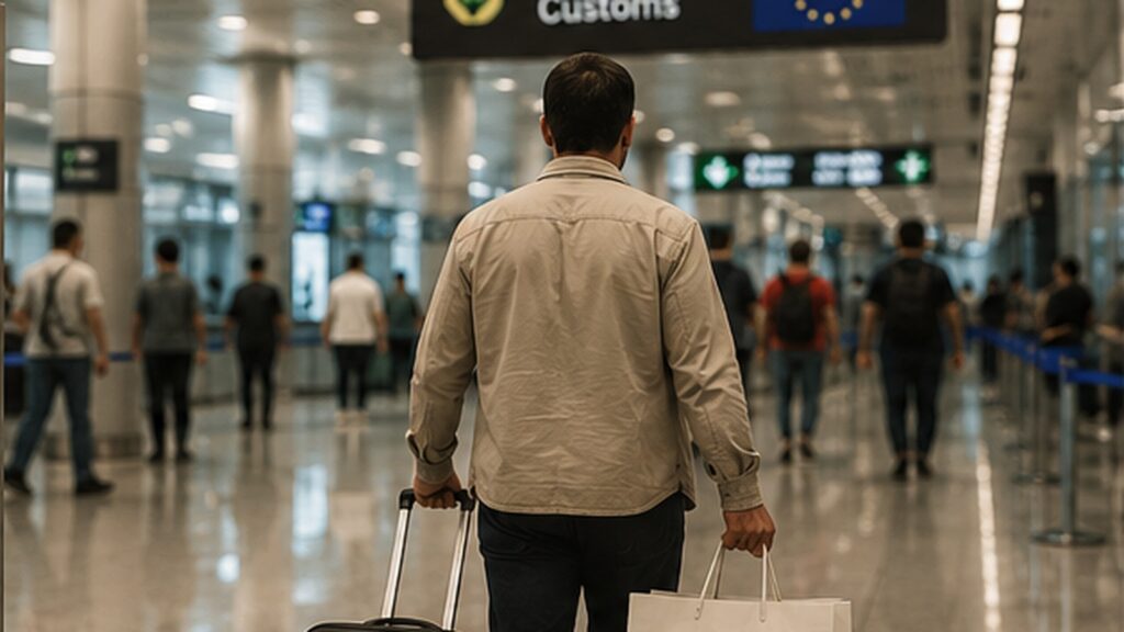 Viajero con maleta y bolsa de compras al volver a España desde Turquía en una terminal aeroportuaria
