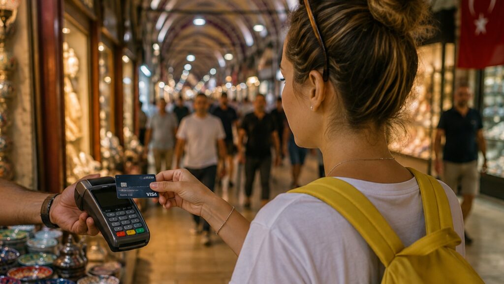 Compras en Turquía con una viajera pagando con tarjeta en un bazar de Estambul