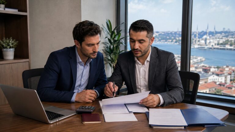 Pareja española revisando documentos con un asesor en una oficina con vistas a Estambul