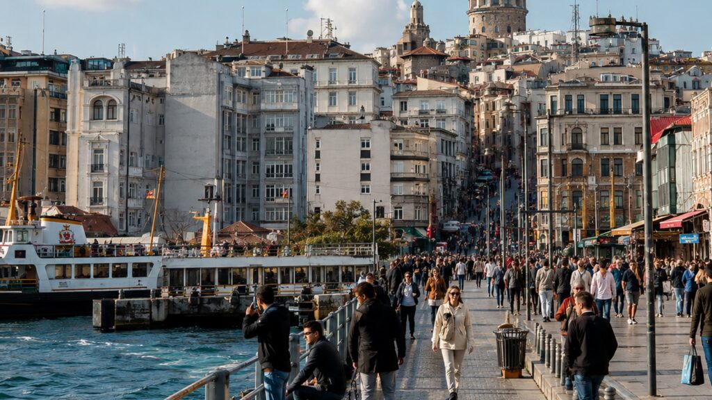 Crucero por el Bósforo con ferry público junto al paseo marítimo de Estambul